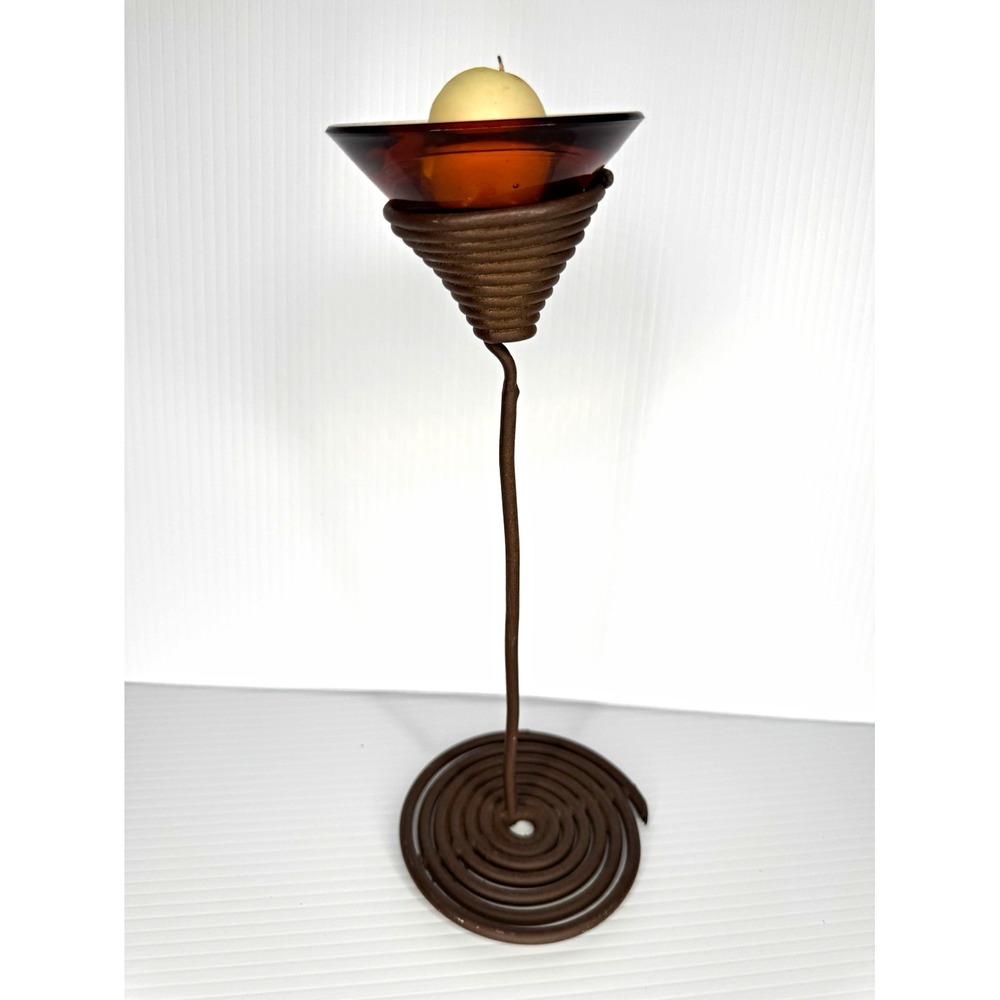 Metal Spiral Candle Holder Stand Amber Glass Cup Matte Finish 13 in Freestanding